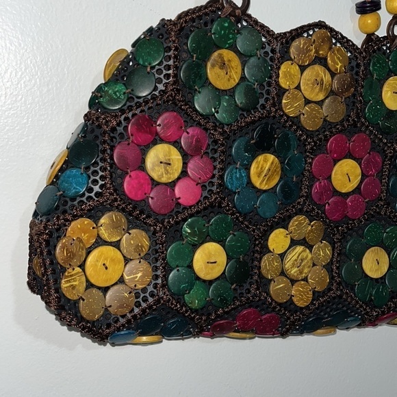 Handcrafted vintage bag coconut shell brown knit colorful bead floral boho Fall - Picture 11 of 11